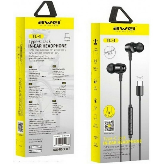 Awei TC-2 Type-C In-ear Handsfree με Βύσμα USB-TYPE C - Μαύρο Awei TC-2 Type-C In-ear Handsfree με Βύσμα USB-TYPE C - Μαύρο