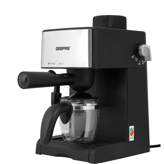 Geepas 240ML Cappuccino Maker 800W - 4 cup Stainless Steel Filters, Aluminium Alloy Boiler, Over Pressure Protected, Indicator On\Off Lights, 2 Cup Dispense, Detachable Drip Tray