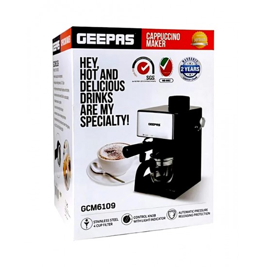 Geepas 240ML Cappuccino Maker 800W - 4 cup Stainless Steel Filters, Aluminium Alloy Boiler, Over Pressure Protected, Indicator On\Off Lights, 2 Cup Dispense, Detachable Drip Tray