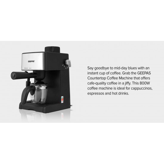 Geepas 240ML Cappuccino Maker 800W - 4 cup Stainless Steel Filters, Aluminium Alloy Boiler, Over Pressure Protected, Indicator On\Off Lights, 2 Cup Dispense, Detachable Drip Tray