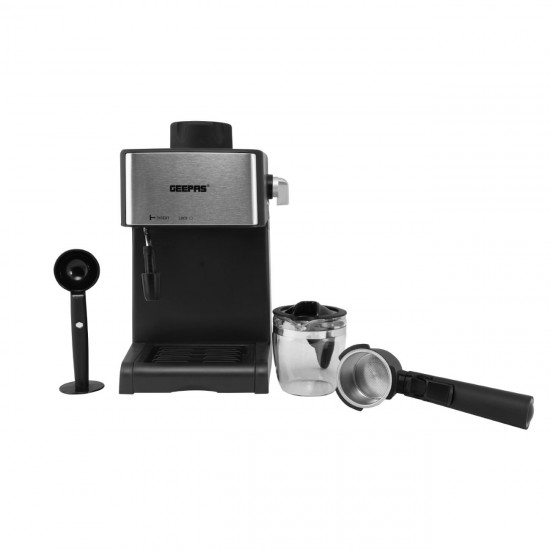 Geepas 240ML Cappuccino Maker 800W - 4 cup Stainless Steel Filters, Aluminium Alloy Boiler, Over Pressure Protected, Indicator On\Off Lights, 2 Cup Dispense, Detachable Drip Tray