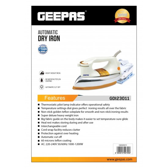 Geepas White 1200W Heavy Weight Dry Iron - Non Stick Sole Plate, Temperature Control Geepas White 1200W Heavy Weight Dry Iron - Non Stick Sole Plate, Temperature Control