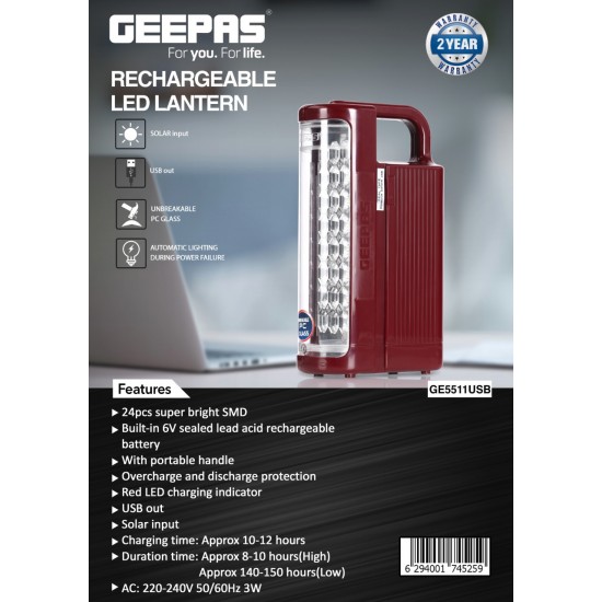 Geepas Rechargeable LED Lantern | Emergency Lantern | 24 Super Bright LEDs, 100 Hours Working