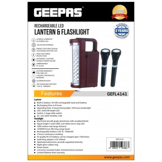 Geepas Rechargeable LED Lantern & 2Pcs Torch | Emergency Lantern with Light Dimmer Function | 24 Pcs Super Bright LEDs