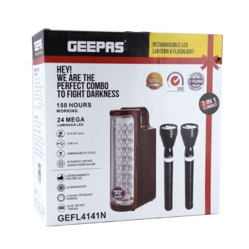 Geepas Rechargeable LED Lantern & 2Pcs Torch | Emergency Lantern with Light Dimmer Function | 24 Pcs Super Bright LEDs