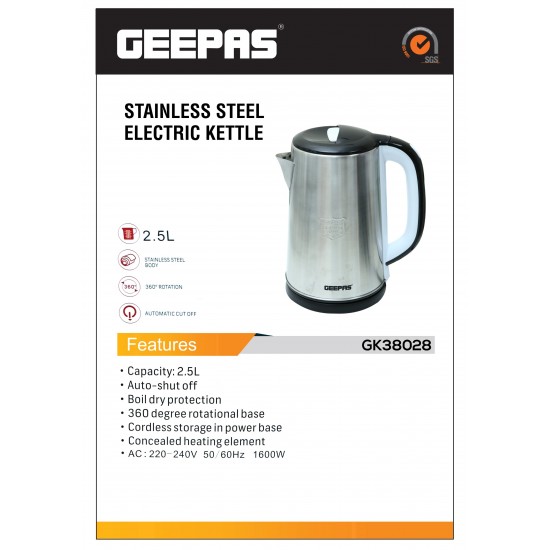 Geepas Electric Kettle 2.5L 1600W - Cordless Tea Kettle, Auto Shut-Off