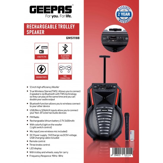 Geepas Rechargeable Speaker | Powerful sound quality with 30000W PMPO