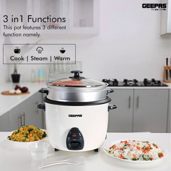 Geepas 2.2L Electric Rice Cooker -Cook/Warm/Steam, High-Temperature Protection