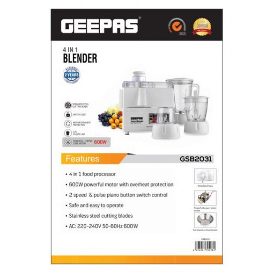 GEEPAS GSB2031 4 In1 1.6 LITER Plastic Jar Super Blender 600W - WHITE (UK Plug)