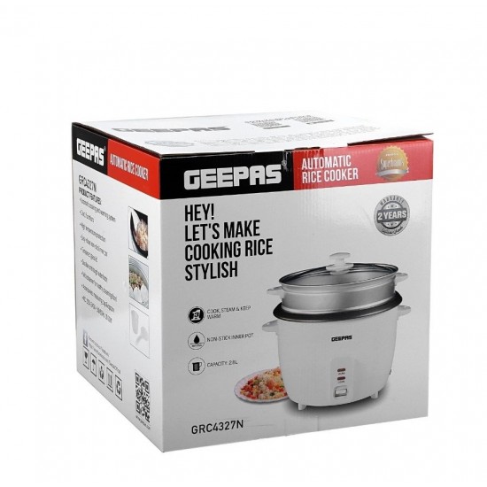 Geepas GRC4327N Rice Cooker & Steamer Non-Stick Inner Pot 2.8L 900W - White (UK Plug)