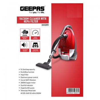 Geepas GVC 2591 2000W Vacuum Cleaner with Filter - Powerful Copper Motor, 5L Capacity