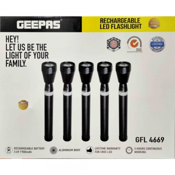 Geepas GFL4669 5-in-1 Rechargeable LED Flashlight, 258.5mm